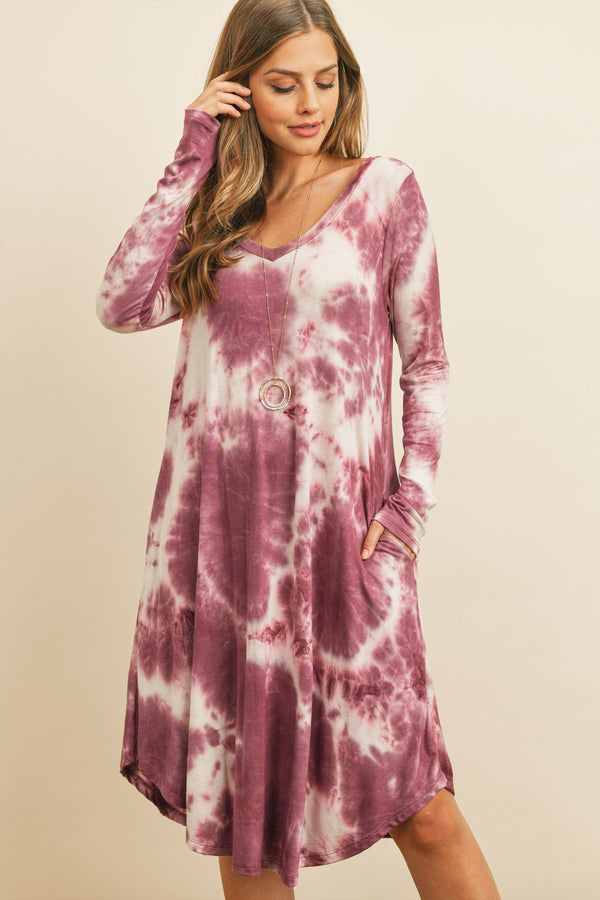 Vestido midi con escote en V y dobladillo redondeado con efecto tie dye