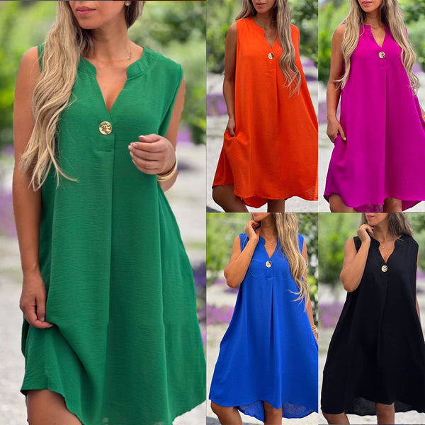 Summer V-neck Sleeveless Dress With Button Decoration Solid Color Casual Loose Straight Dress