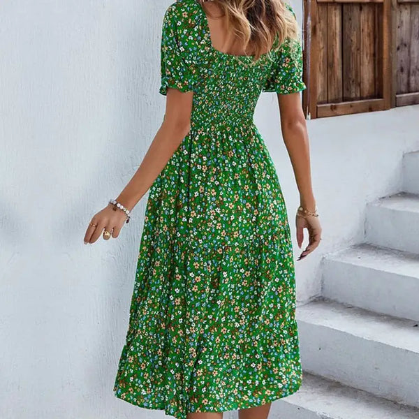 Chiffon Beach Floral Patchwork V Neck Mini Long Dress