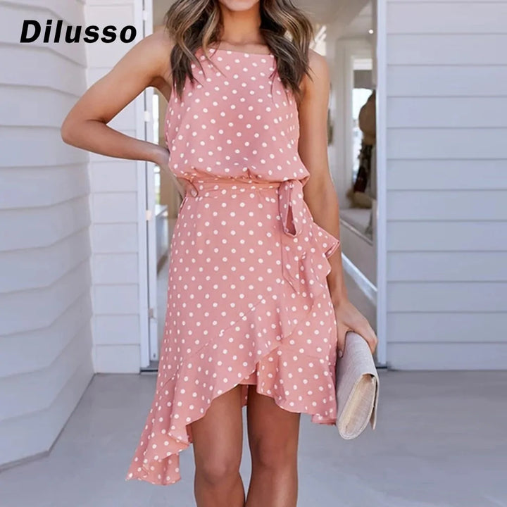 Summer Polka Dot Ruffle Split Mini Dress