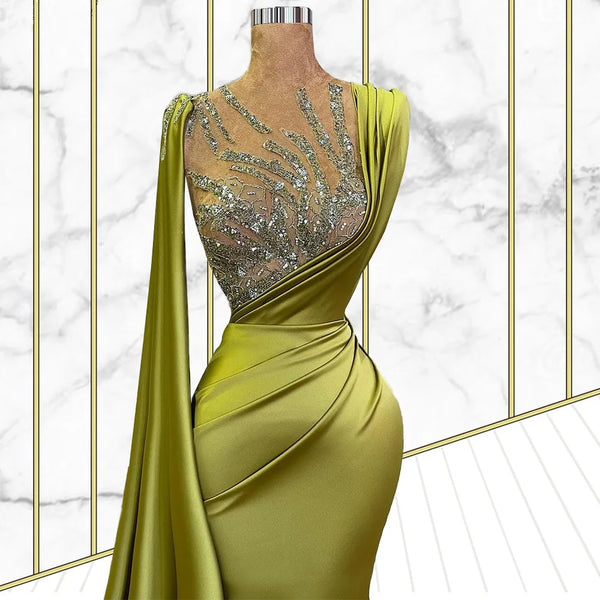 Green One-Shoulder Temperament Elegant Long Evening Dress