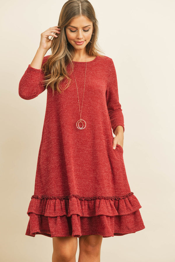 Quarter Sleeve Drake Layered Ruffle Hem Dress