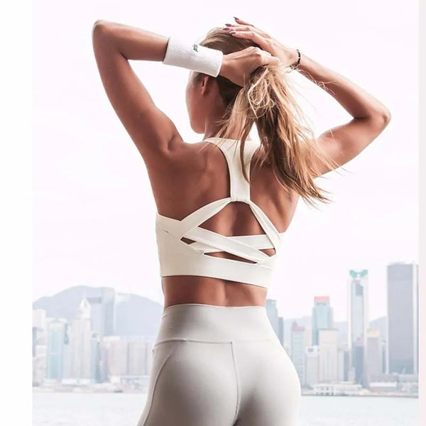 Sujetador deportivo push-up con correa blanca: ropa interior atlética para gimnasio y yoga para mujer